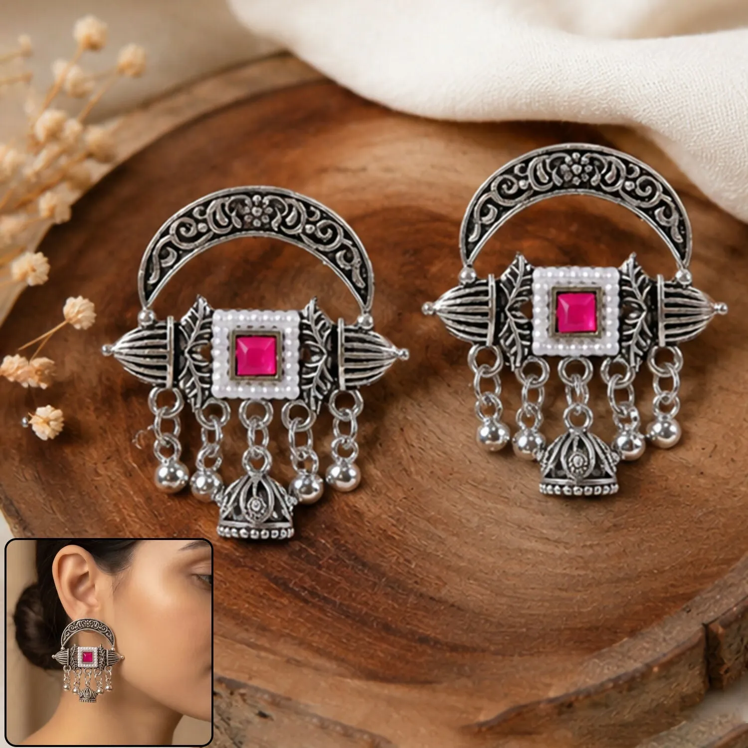 Premium Ethnic Oxidized Silver Crescent Chandbali Jhumka Earrings for Women – Traditional German Silver Half-Moon Hoop Earrings Studded with Magenta Red Stones and Tiny White Seed Pearls, Accented with Metallic Ghungroo Tassels for Festive Boho Looks - Buy Online at Alikart