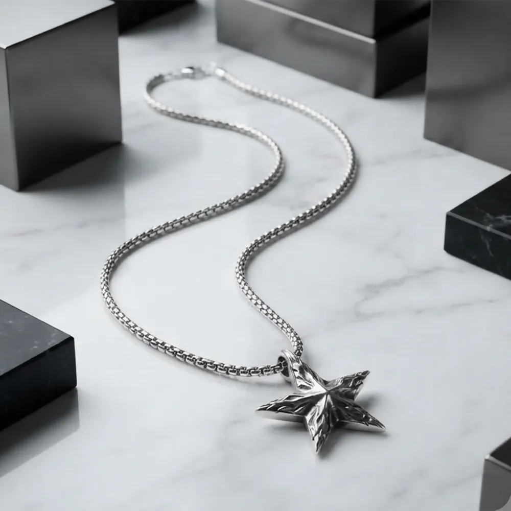 Silver Star Pendant Necklace for Men with Engraved Texture Design and Box Chain - Detailed Feature View 1