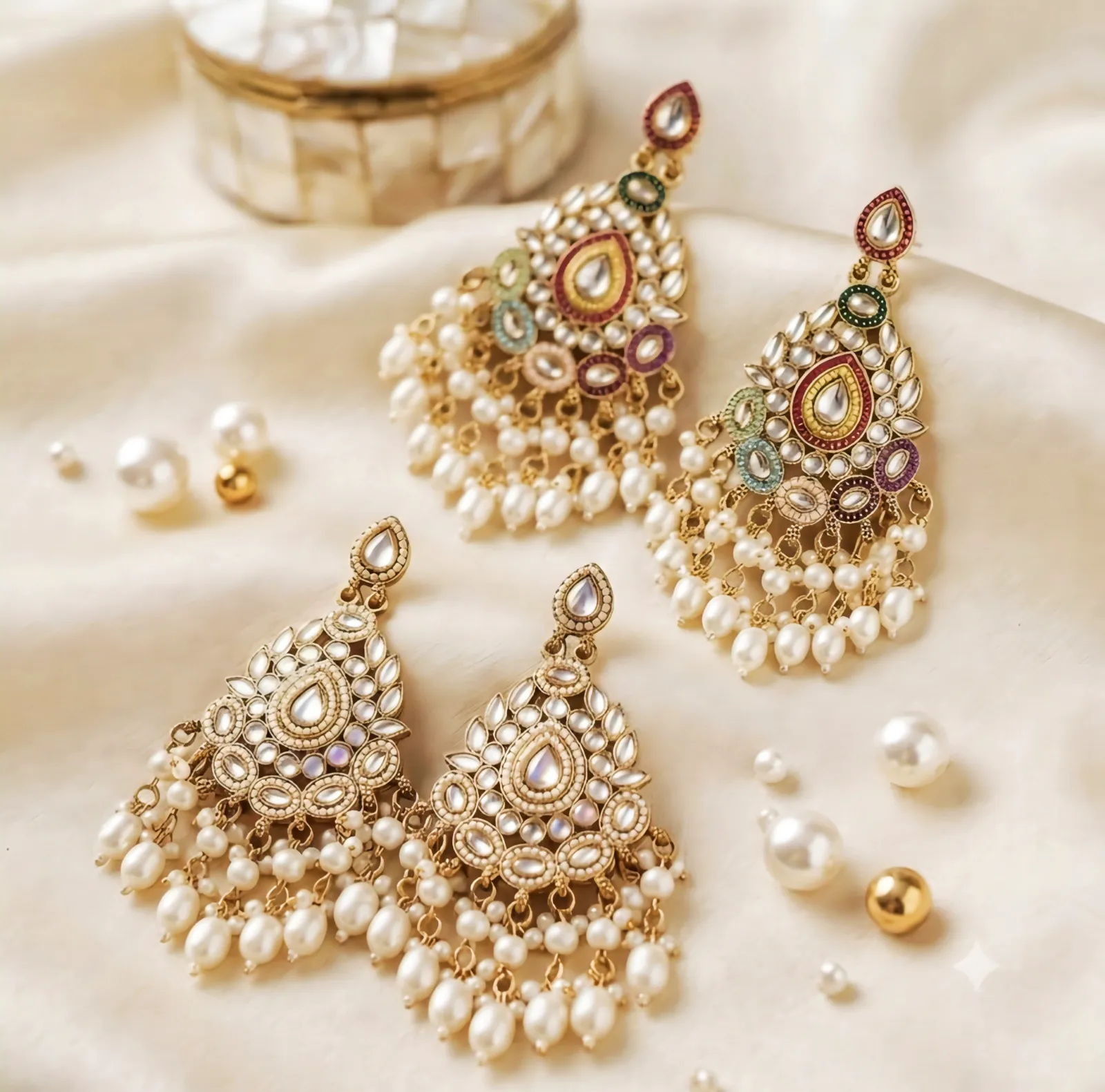 Premium Exquisite Multicolour Kundan Drop Earrings with Lustrous Pearl Detailing,bcombo set - Buy Online at Alikart