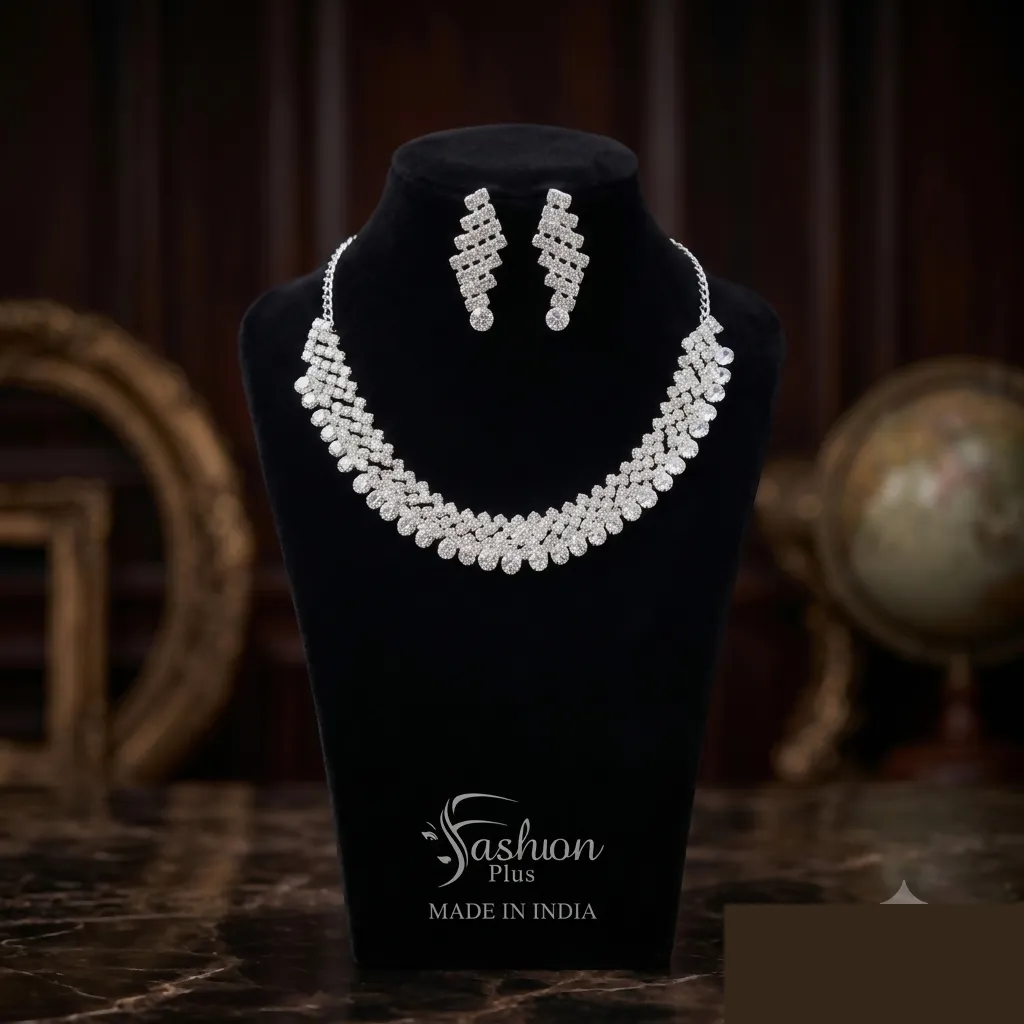 Sparkling American Diamond Silver-Plated Bridal Jewellery Set | Festive and Party Wear Necklace Set - Detailed Feature View 2