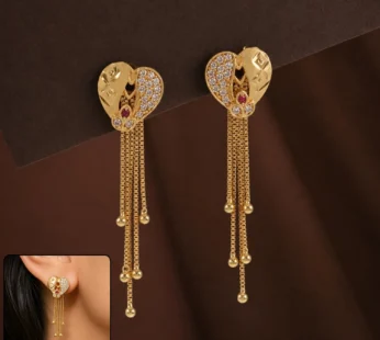 Gold Plated Long Dangle Earrings with Heart Shape Chain Design for Women