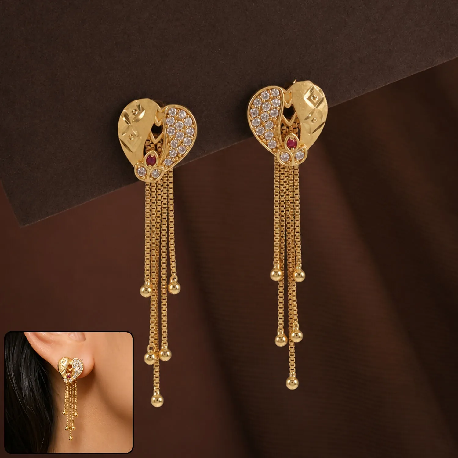 Premium Gold Plated Long Dangle Earrings with Heart Shape Chain Design for Women - Buy Online at Alikart