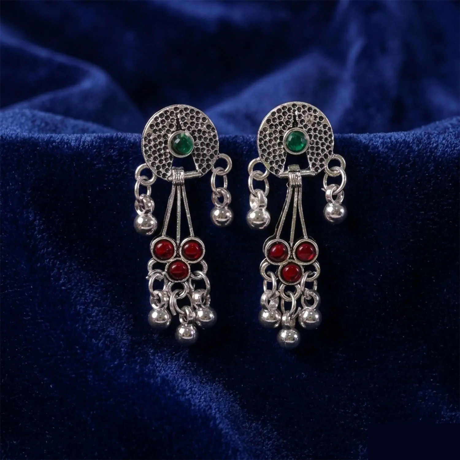 Oxidised Silver Long Drop Earrings with Green and Red Stones Ghungroo for Women Girls - Detailed Feature View 1