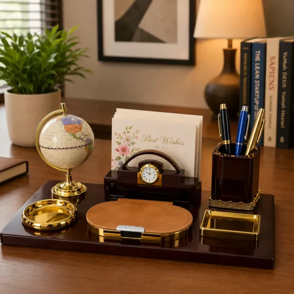 Wooden Executive Desk Organizer with Clock, Globe, Pen Holder & Card Stand