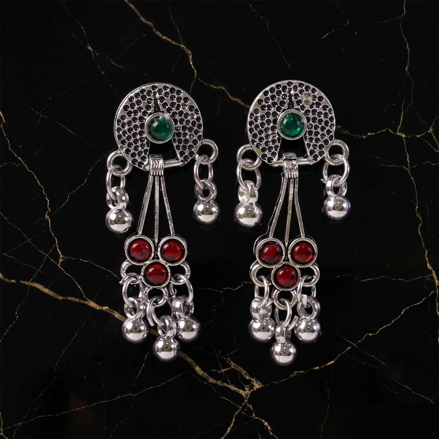 Oxidised Silver Long Drop Earrings with Green and Red Stones Ghungroo for Women Girls - Detailed Feature View 4