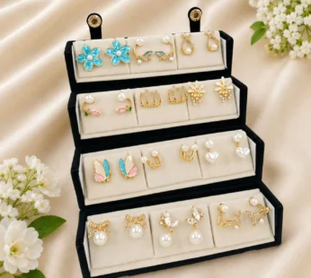 Korean Style 12 Pairs Earrings Combo Set Gold Pearl Crystal Floral Studs for Women