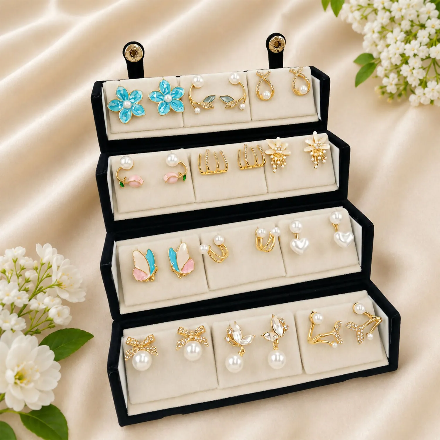 Premium Korean Style 12 Pairs Earrings Combo Set Gold Pearl Crystal Floral Studs for Women - Buy Online at Alikart
