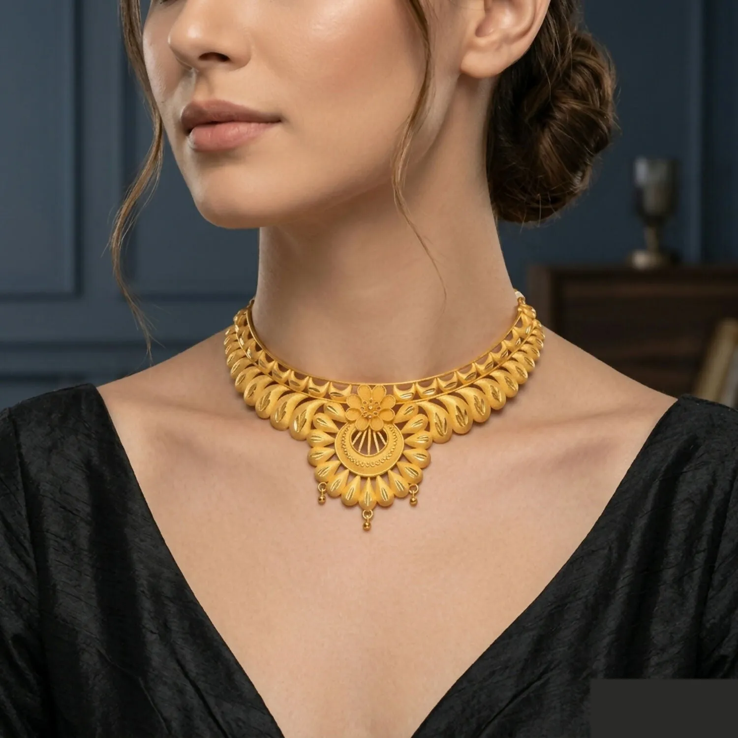 Traditional Gold Plated Choker Necklace Set for Women - Detailed Feature View 1