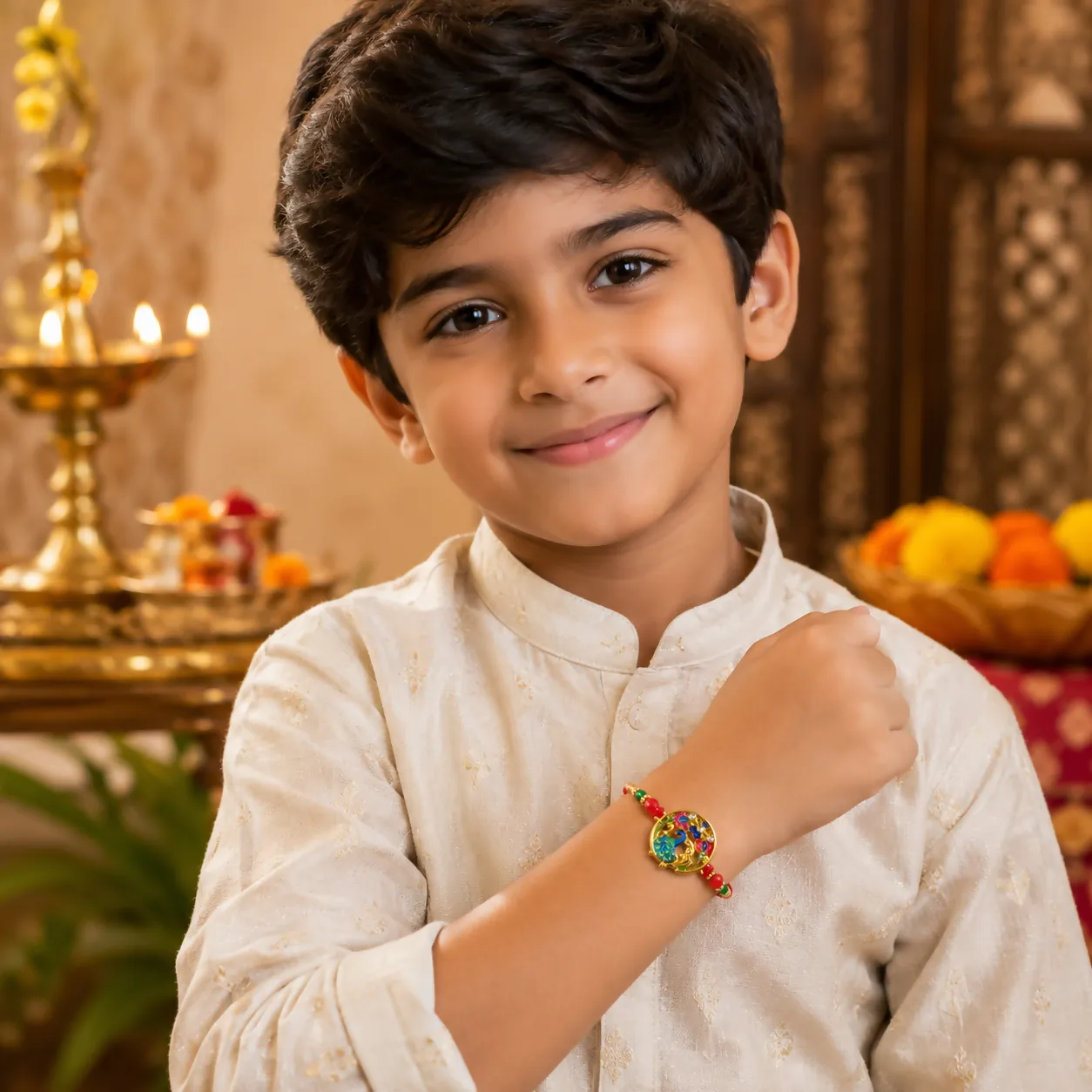 Exquisite Golden Peacock Meenakari Rakhi with Sparkling Crystals & Beaded Red Thread for Brother - Detailed Feature View 2