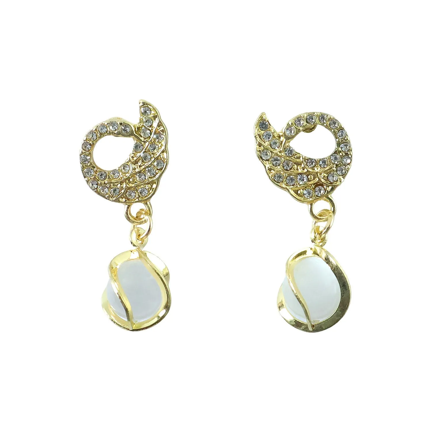 Swan Earrings – Crystal Encrusted with Pearly Cat-Eye Drop - Detailed Feature View 4