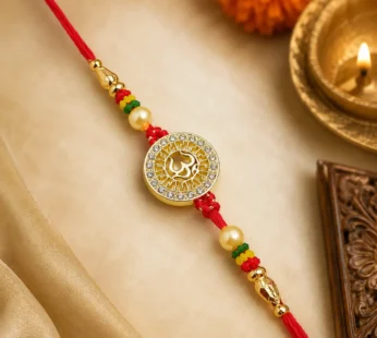 Auspicious Om (ॐ) Gold-Plated Designer Rakhi for Brother CZ Stone Studded Sacred Thread with Pearls