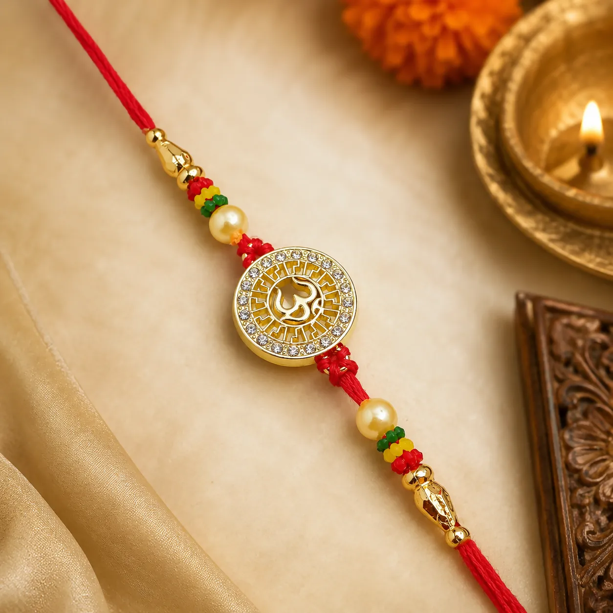 Premium Auspicious Om (ॐ) Gold-Plated Designer Rakhi for Brother CZ Stone Studded Sacred Thread with Pearls - Buy Online at Alikart