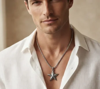 Silver Star Pendant Necklace for Men with Engraved Texture Design and Box Chain