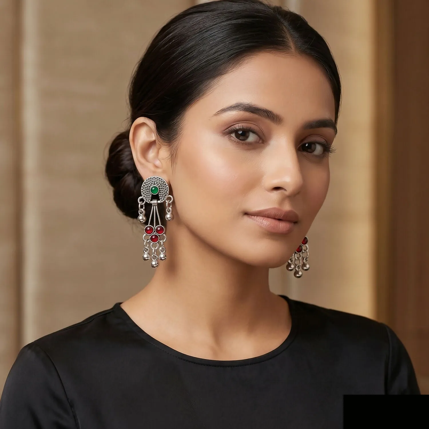 Oxidised Silver Long Drop Earrings with Green and Red Stones Ghungroo for Women Girls - Detailed Feature View 2