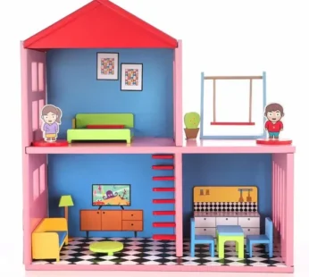 Wooden Doll House Set with 4 Furnished Rooms for Girls