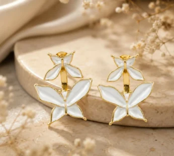 Elegant White Butterfly Double-Layer Drop Earrings for Women Gold-Tone Floral Statement Earrings