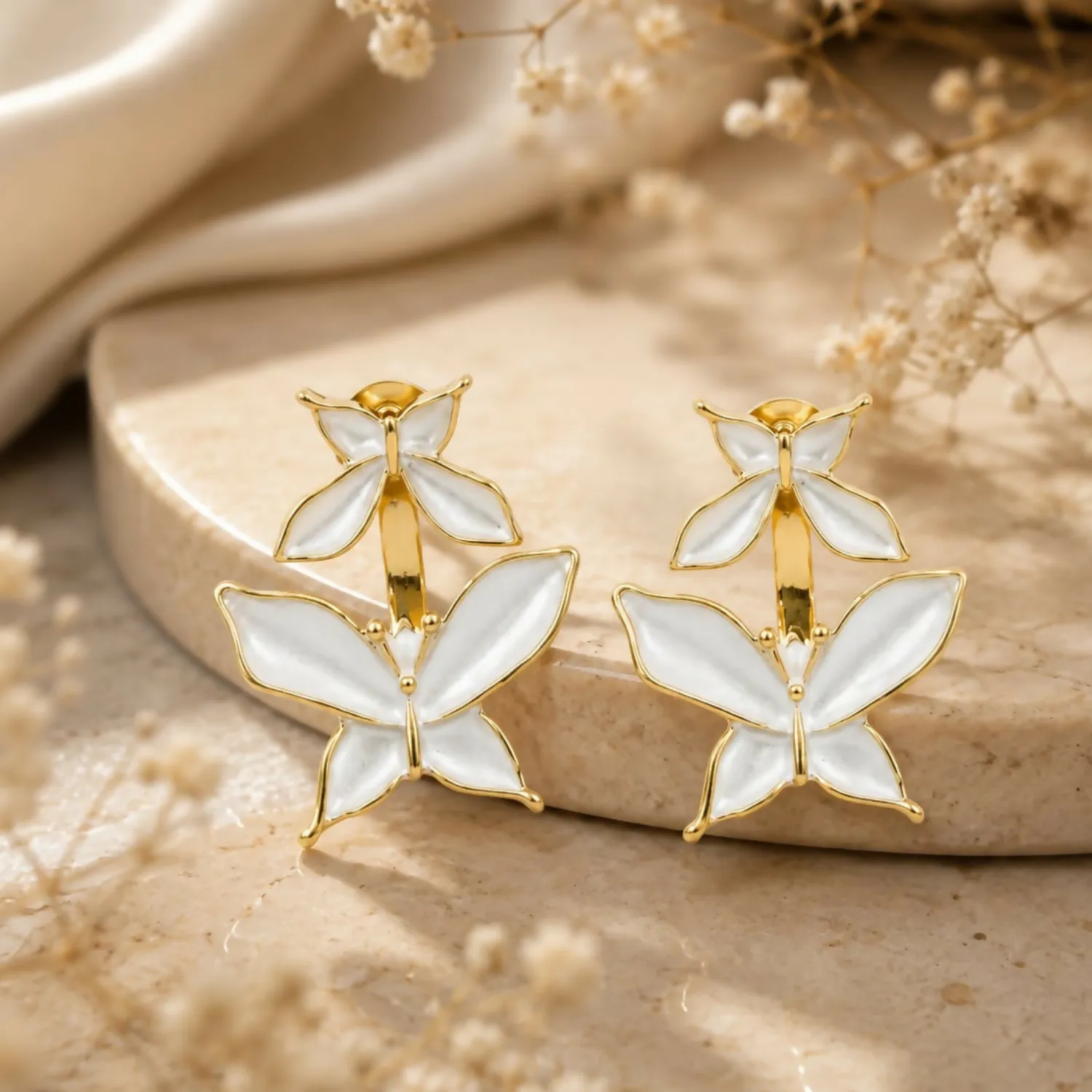 Premium Elegant White Butterfly Double-Layer Drop Earrings for Women Gold-Tone Floral Statement Earrings - Buy Online at Alikart