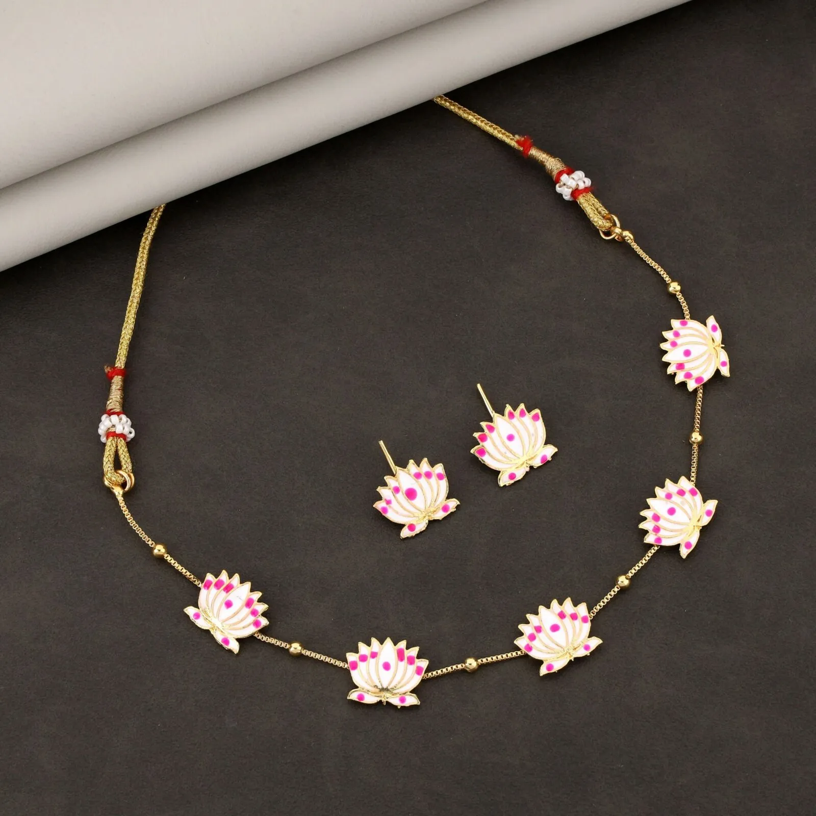 Premium Lotus Necklace Set – Delicate Pink & White Enamel Design - Buy Online at Alikart