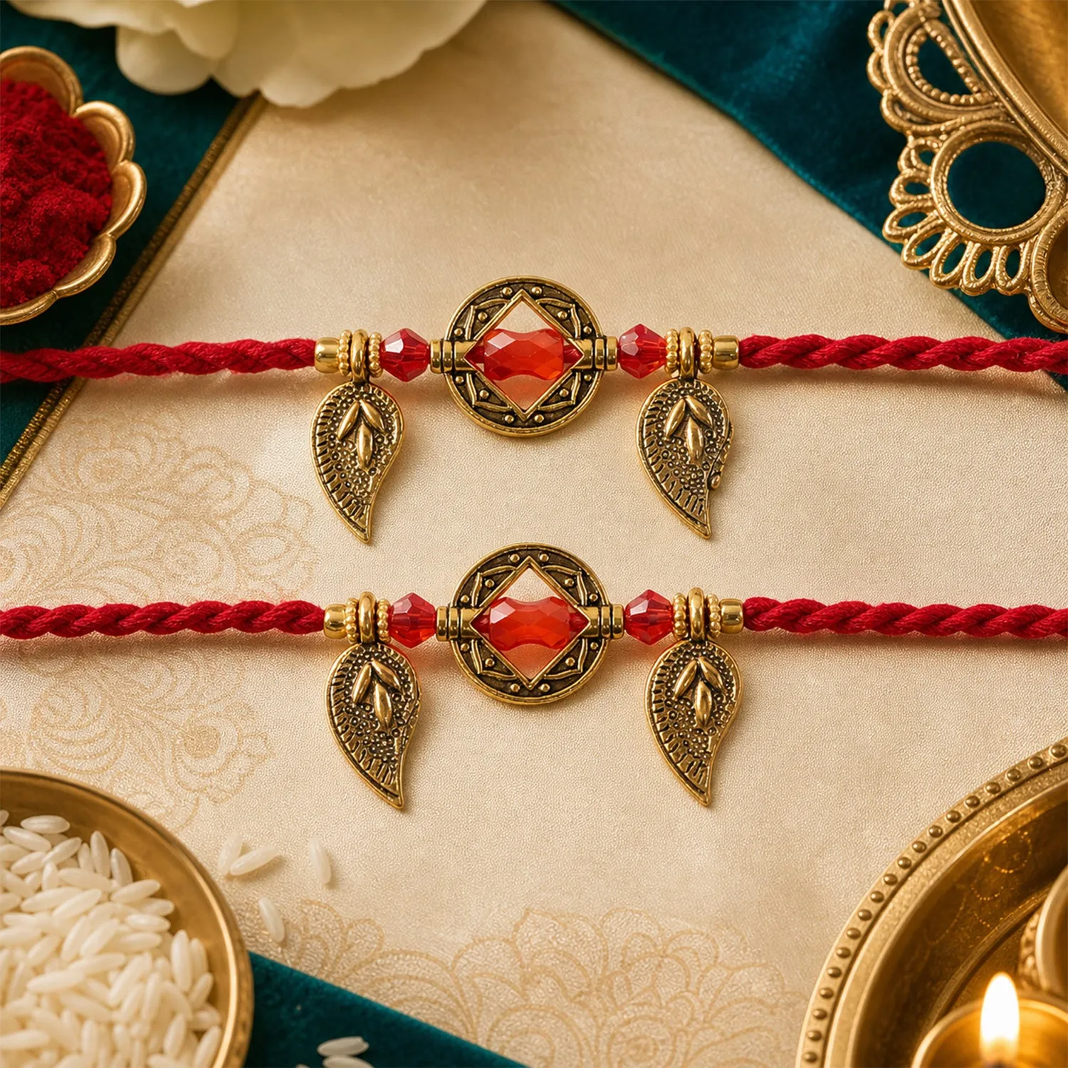 Premium Classic Geometric Square Bhai Bhabhi Rakhi with Gem Center and Leaf Charms for Gift - Buy Online at Alikart