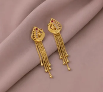 Gold Plated Leaf Cutout Dangle Earrings with Multi Chain Tassel Drop Design