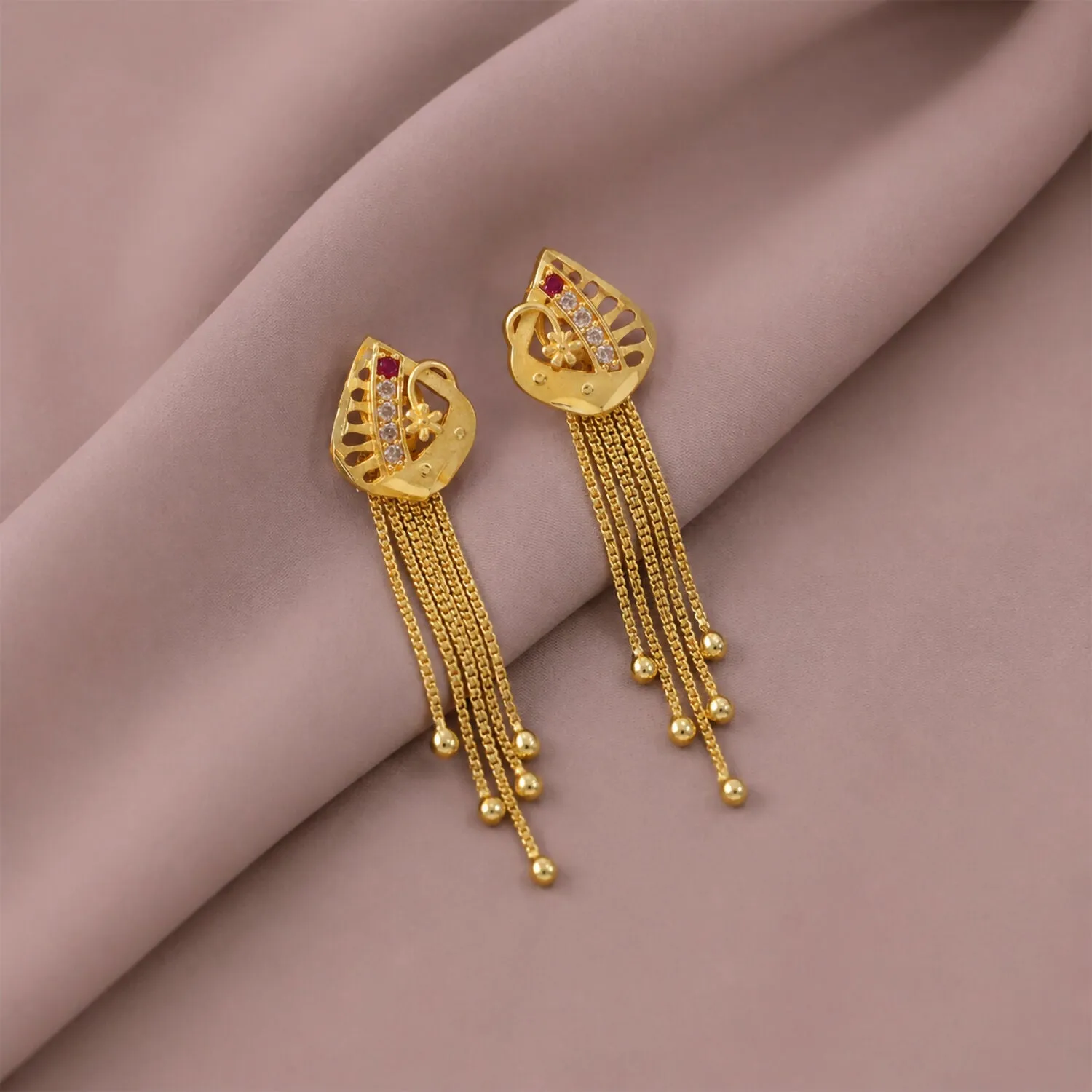 Premium Gold Plated Leaf Cutout Dangle Earrings with Multi Chain Tassel Drop Design - Buy Online at Alikart
