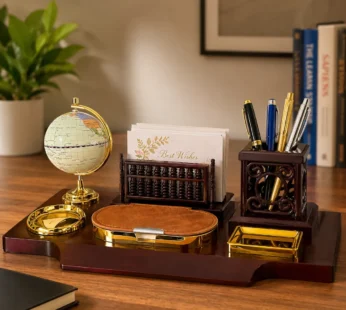 Wooden Executive Desk Organizer Set with Globe, Pen Holder & Memo Tray