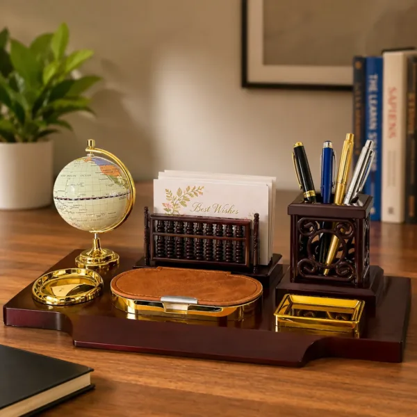 Wooden Executive Desk Organizer Set with Globe, Pen Holder & Memo Tray
