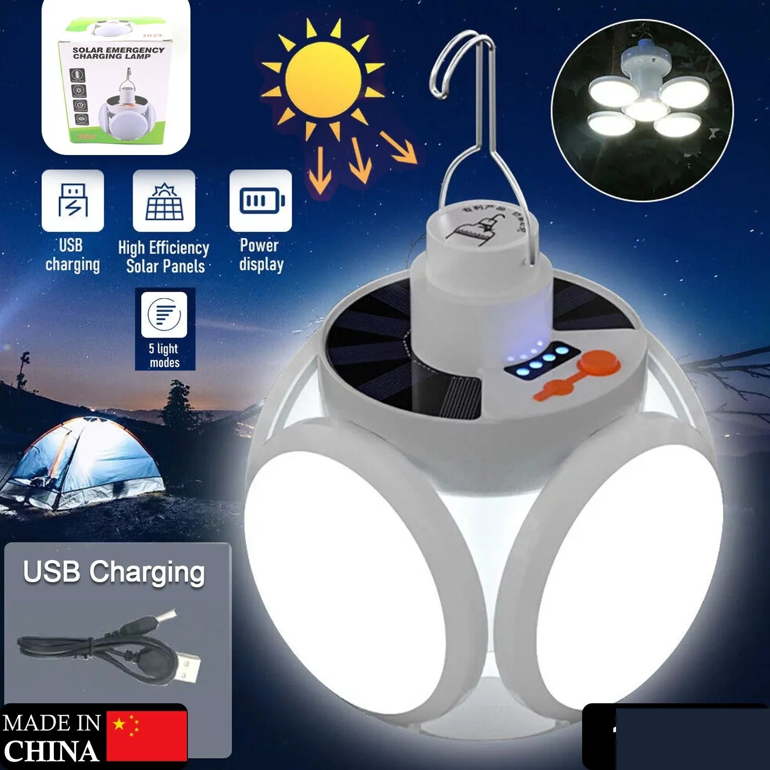 Solar Camping Light – USB Rechargeable Emergency LED