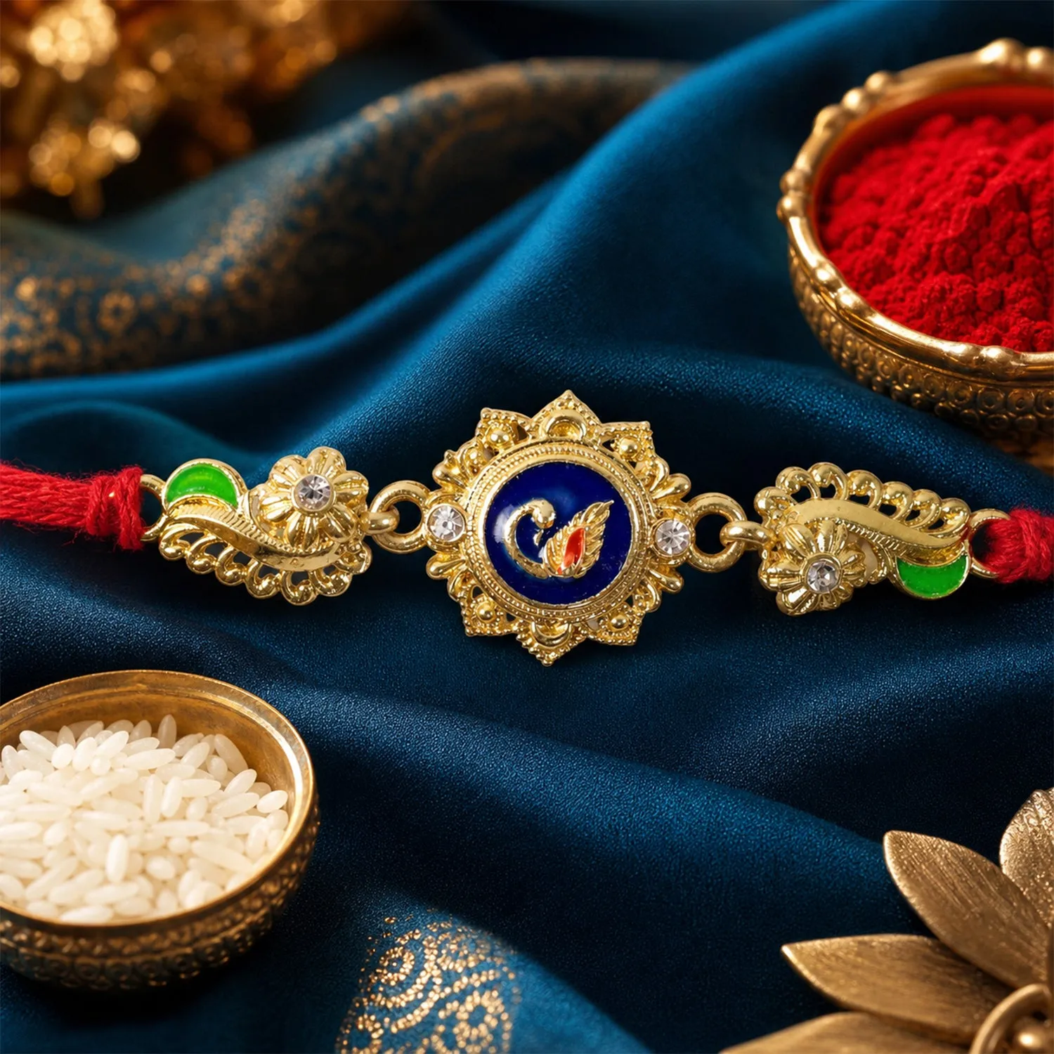 Ornate Rakhi showcasing Blue Oval Medallion, metal trims and chain look for Gift Use - Detailed Feature View 1