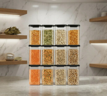 Airtight Kitchen Storage Container Set with Black Lid for Grains & Spices (12 Pcs 1200 ML)