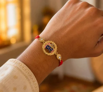 Antique Gold-Toned Vira Rakhi with Multicolor Enamel, Crystal Accents & Red Thread