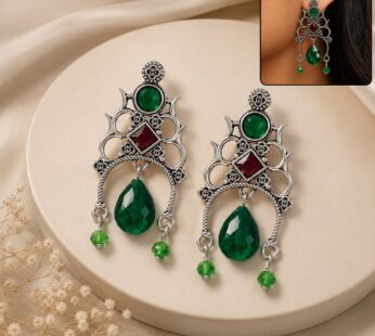 Antique Silver Green Stone Drop Earrings with Vintage Tribal Designer Jewellery