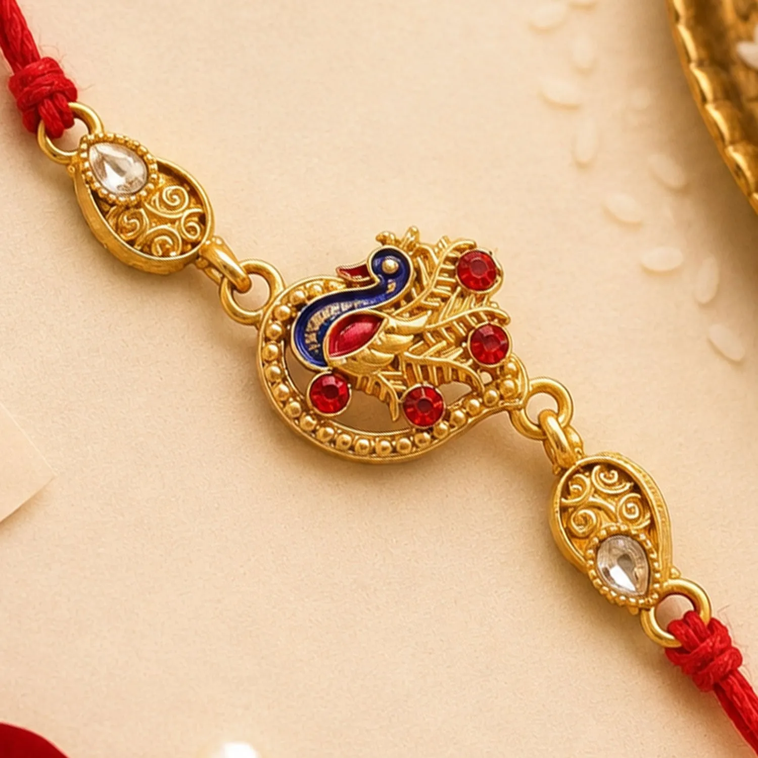 Festive Rakhi featuring Peacock Charm, pink accents and wrist style for Gift Styling - Detailed Feature View 1