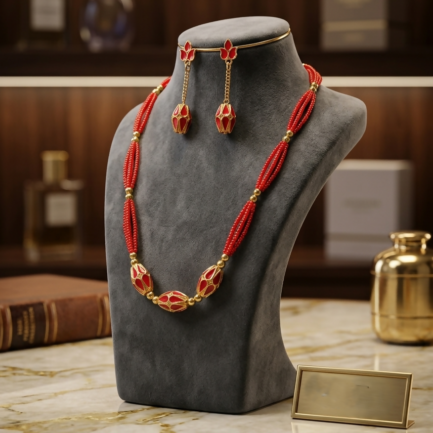 Premium Assamese Traditional Jewellery Set for Women Orange Gold Tone Necklace Earrings Combo - Buy Online at Alikart