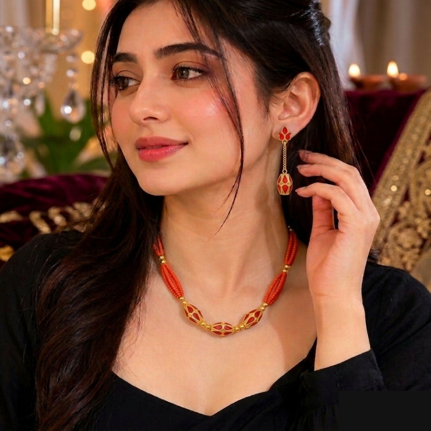 Assamese Traditional Jewellery Set for Women Orange Gold Tone Necklace Earrings Combo - Detailed Feature View 1