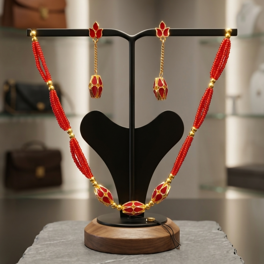 Assamese Traditional Jewellery Set for Women Orange Gold Tone Necklace Earrings Combo - Detailed Feature View 2