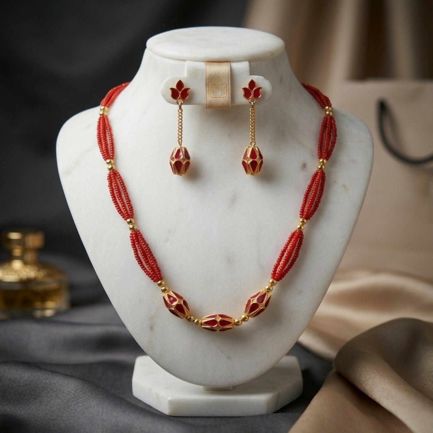 Assamese Traditional Jewellery Set for Women Orange Gold Tone Necklace Earrings Combo - Detailed Feature View 4
