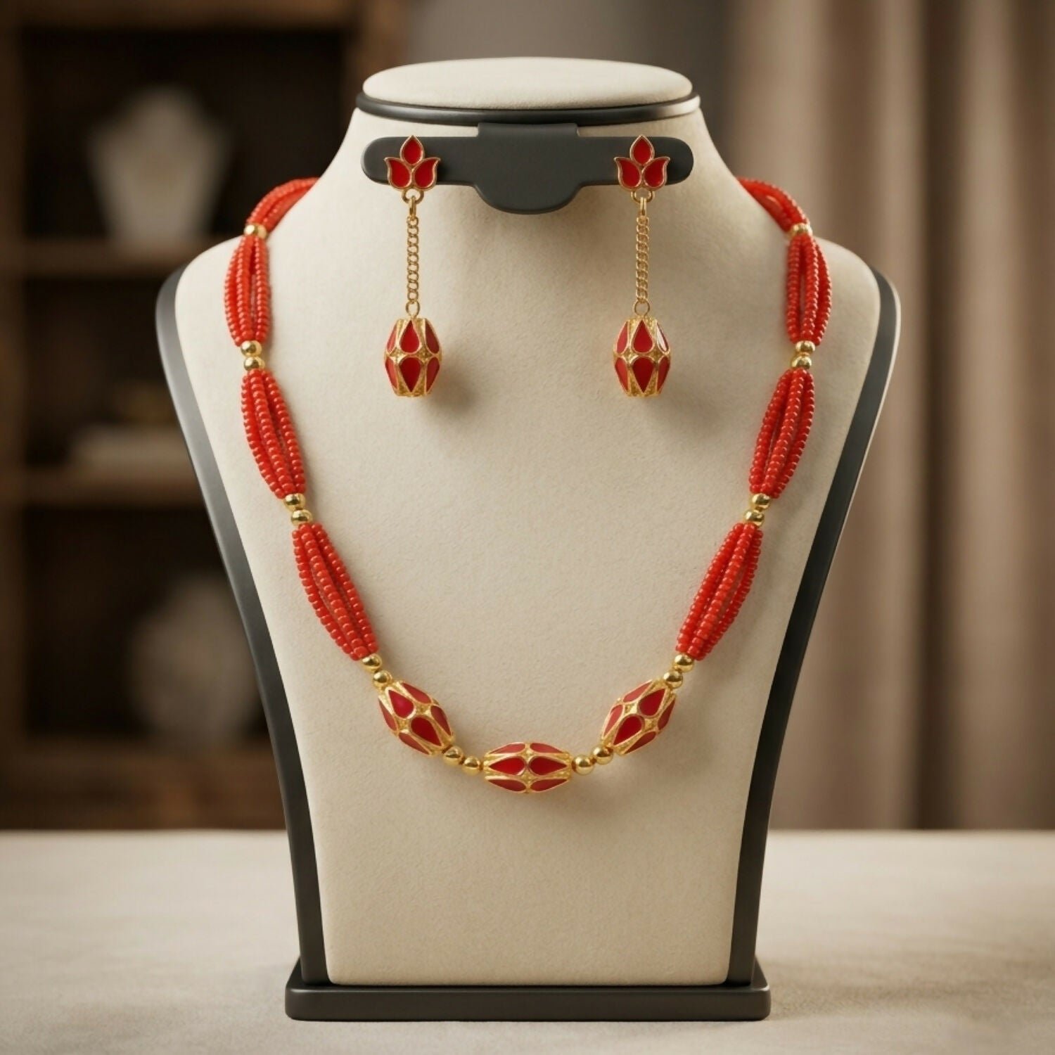 Assamese Traditional Jewellery Set for Women Orange Gold Tone Necklace Earrings Combo - Detailed Feature View 5