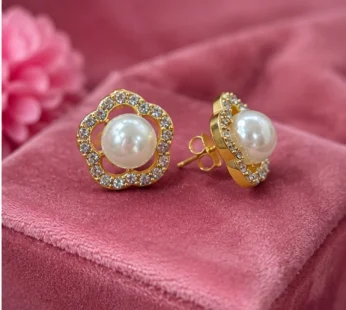 Pearl Bloom Gold-Tone Stud Earrings with Sparkling Crystal Border for Women
