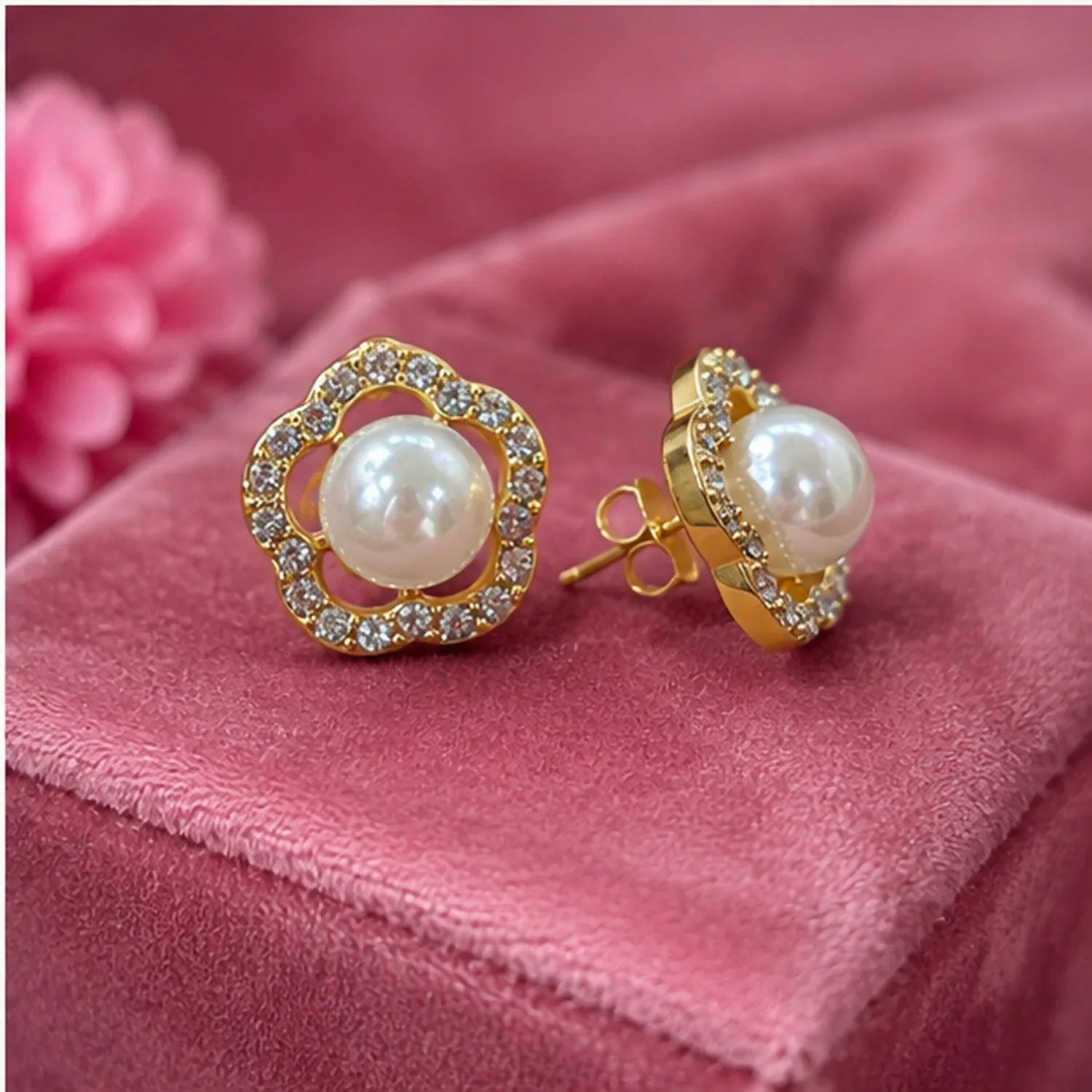 Premium Pearl Bloom Gold-Tone Stud Earrings with Sparkling Crystal Border for Women - Buy Online at Alikart