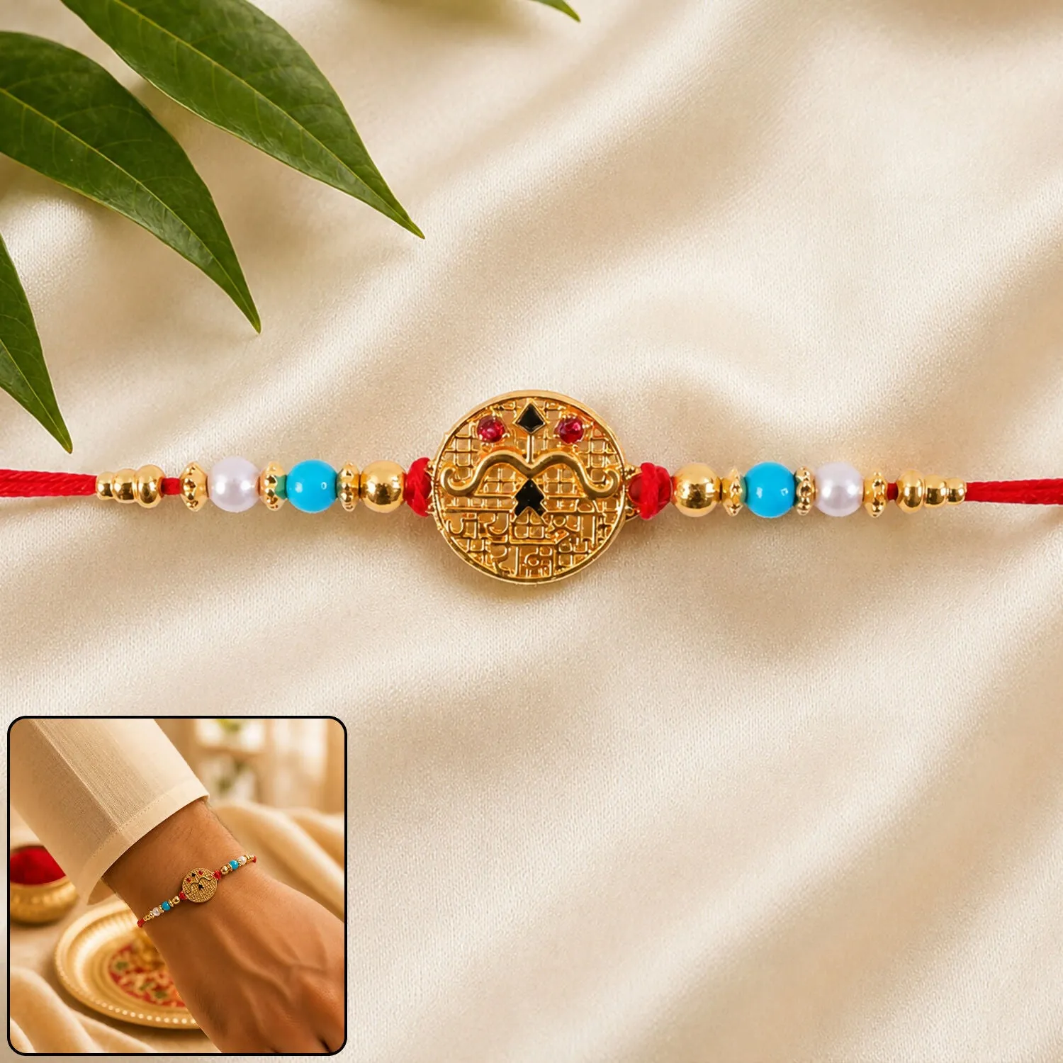 Premium Golden Shri Ram Rakhi – Elegant Blue Pearl Beads & Devotional Design - Buy Online at Alikart