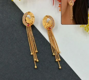 Gold Plated Oval Geometric Dangle Earrings with Multi Chain Tassel Drop Design