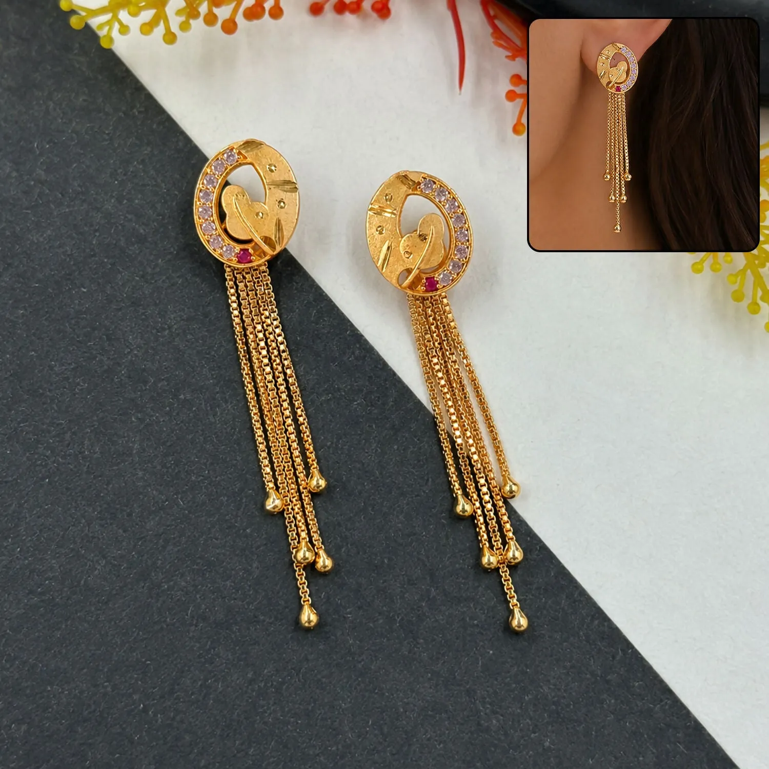 Premium Gold Plated Oval Geometric Dangle Earrings with Multi Chain Tassel Drop Design - Buy Online at Alikart