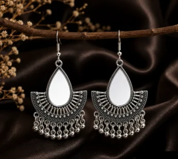 Oxidised Silver Earrings for Women with Teardrop Mirror Design Stylish Jhumka Pair