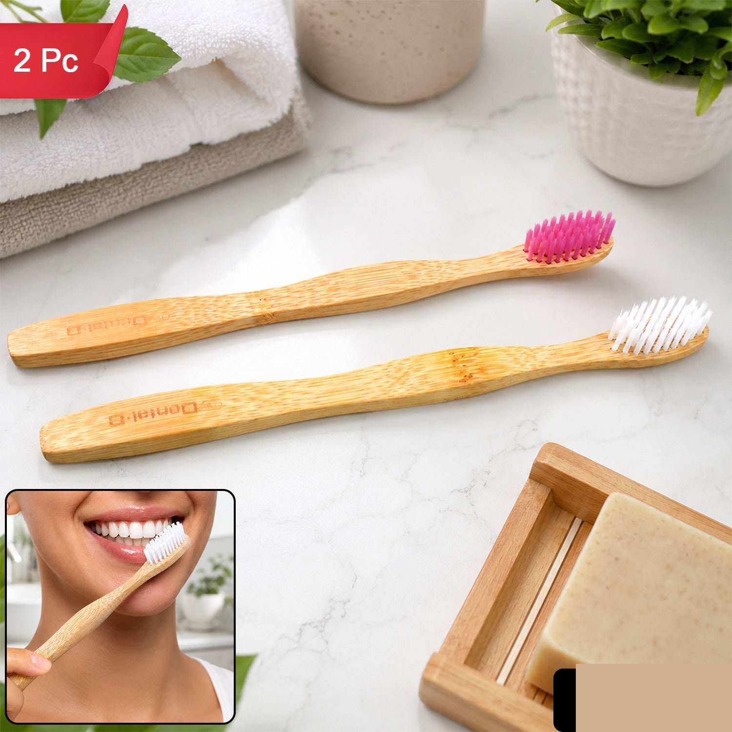 Bamboo Toothbrush Set – Eco-Friendly Medium Bristles (2 Pack) - Detailed Feature View 1