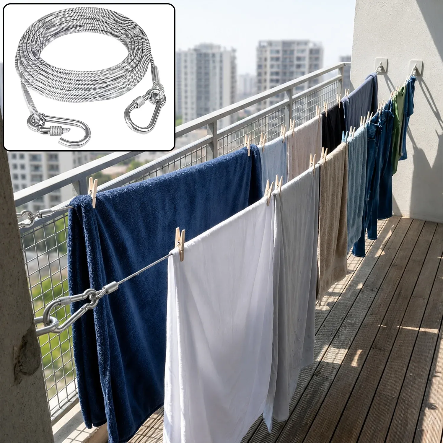 Premium Heavy Duty Steel Clothesline – 5 Meter Wire Rope with Carabiner Hooks - Buy Online at Alikart