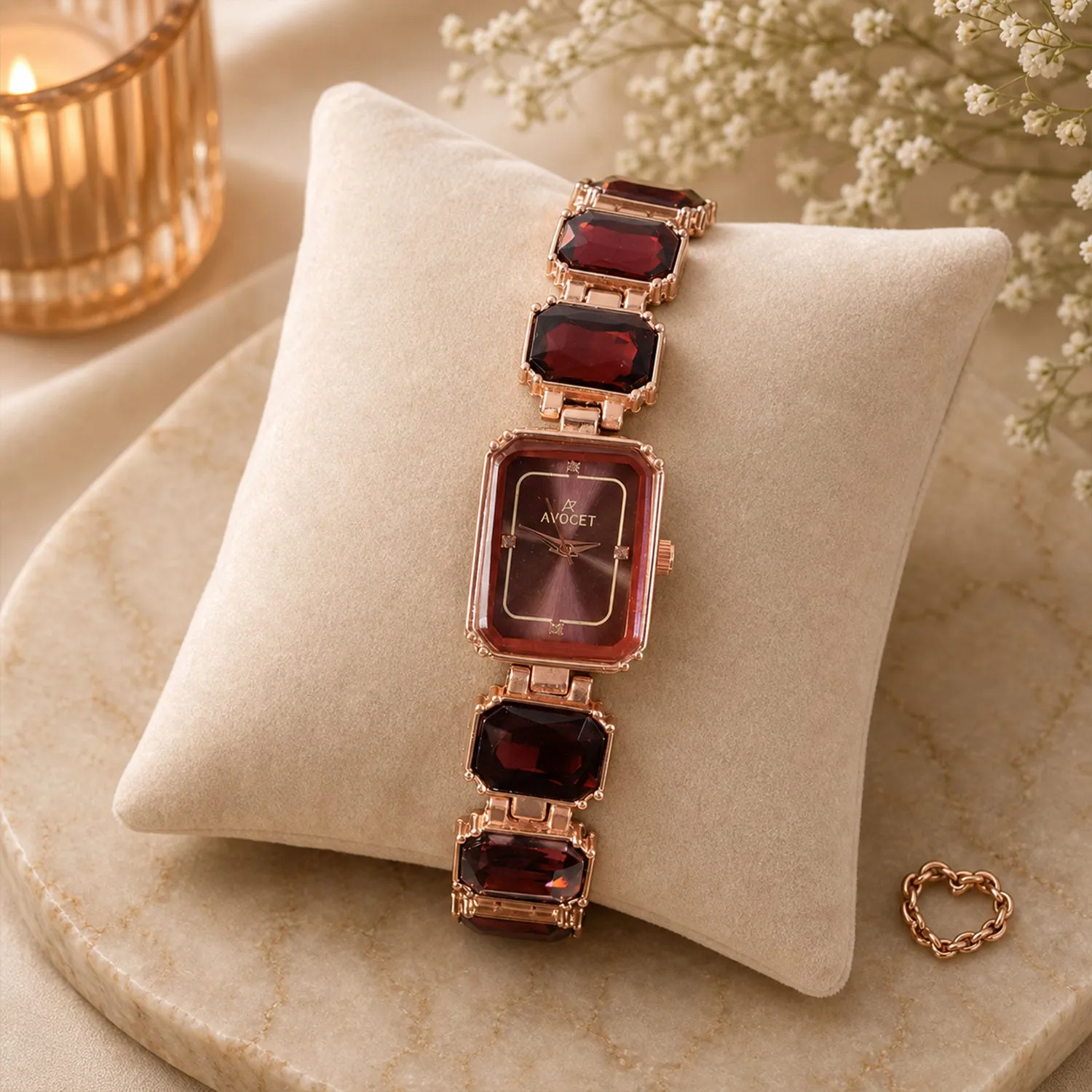 Premium Rose Gold Square Shape Dial Watch with Black Red Stone Strap Design for Women - Buy Online at Alikart