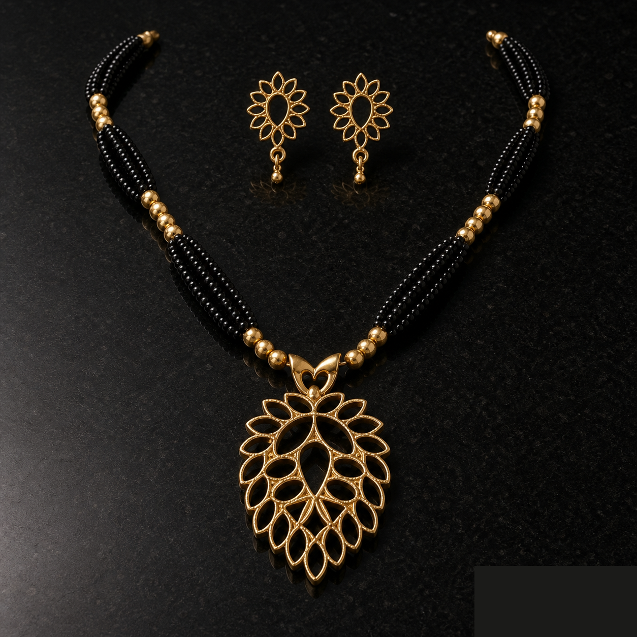Black Beaded Necklace with Leaf Design Pendant & Matching Earrings for Women - Detailed Feature View 1