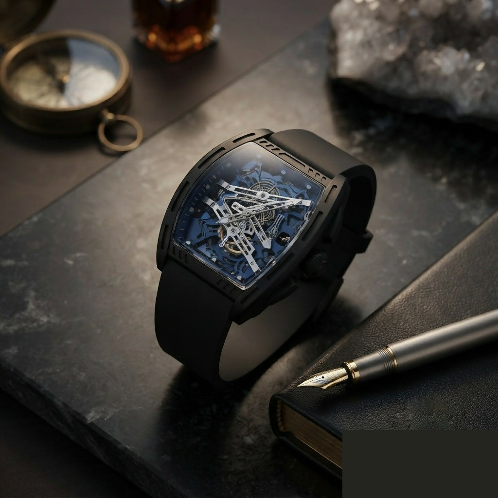 Black Skeleton Dial Watch for Men Tonneau Shape Racing Style Analog Silicone strap - Detailed Feature View 3