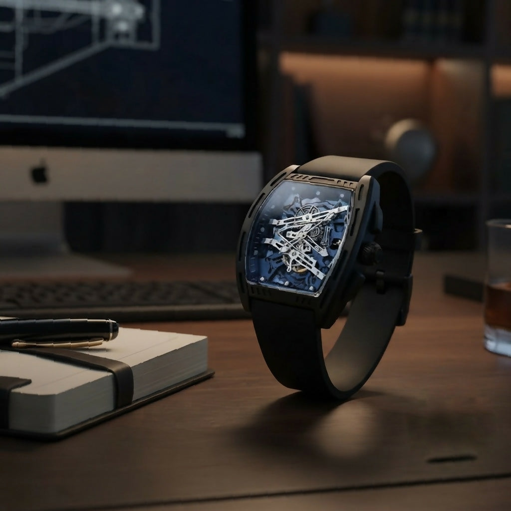 Black Skeleton Dial Watch for Men Tonneau Shape Racing Style Analog Silicone strap - Detailed Feature View 4